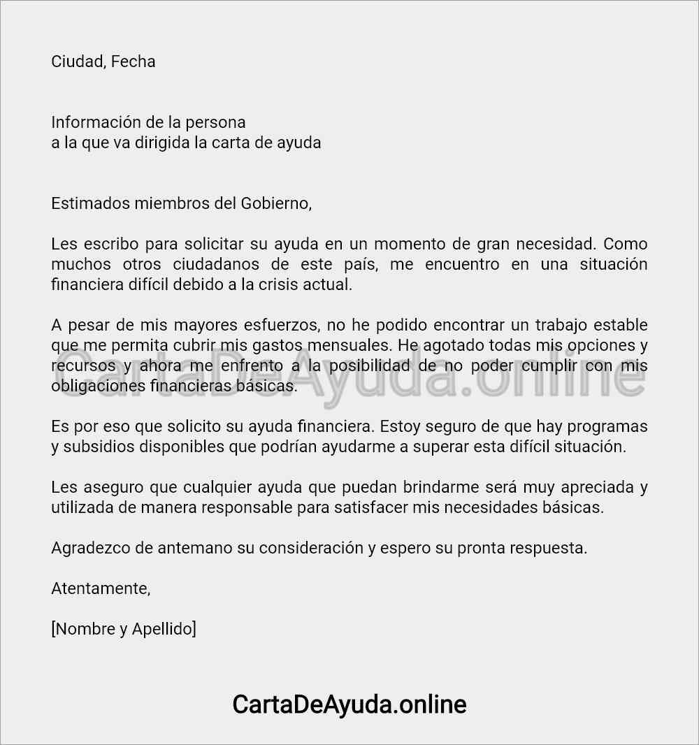 carta para pedir ayuda económica al gobierno